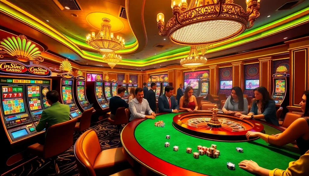 Slot777 slot machines lighting up a vibrant casino scene with players enjoying high-stakes gameplay.