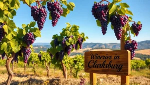 Tasting fine wines at wineries in Clarksburg, with beautiful vineyards and grapevines in focus.