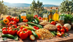Showcasing Mediterranean diet ingredients like fresh vegetables and olive oil on a rustic table.