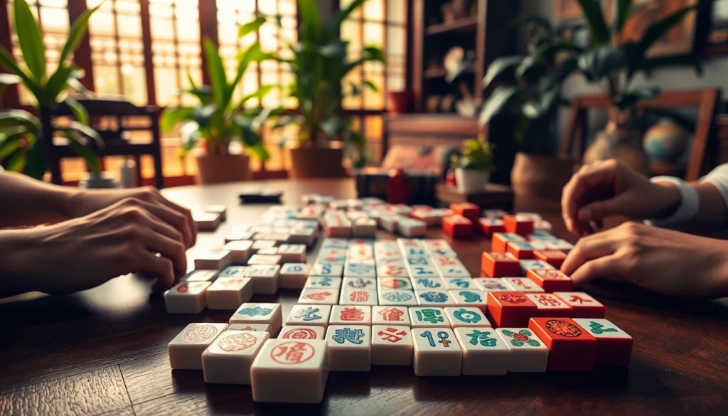 Menggambarkan demo mahjong dengan berbagai ubin di meja kayu yang hangat.