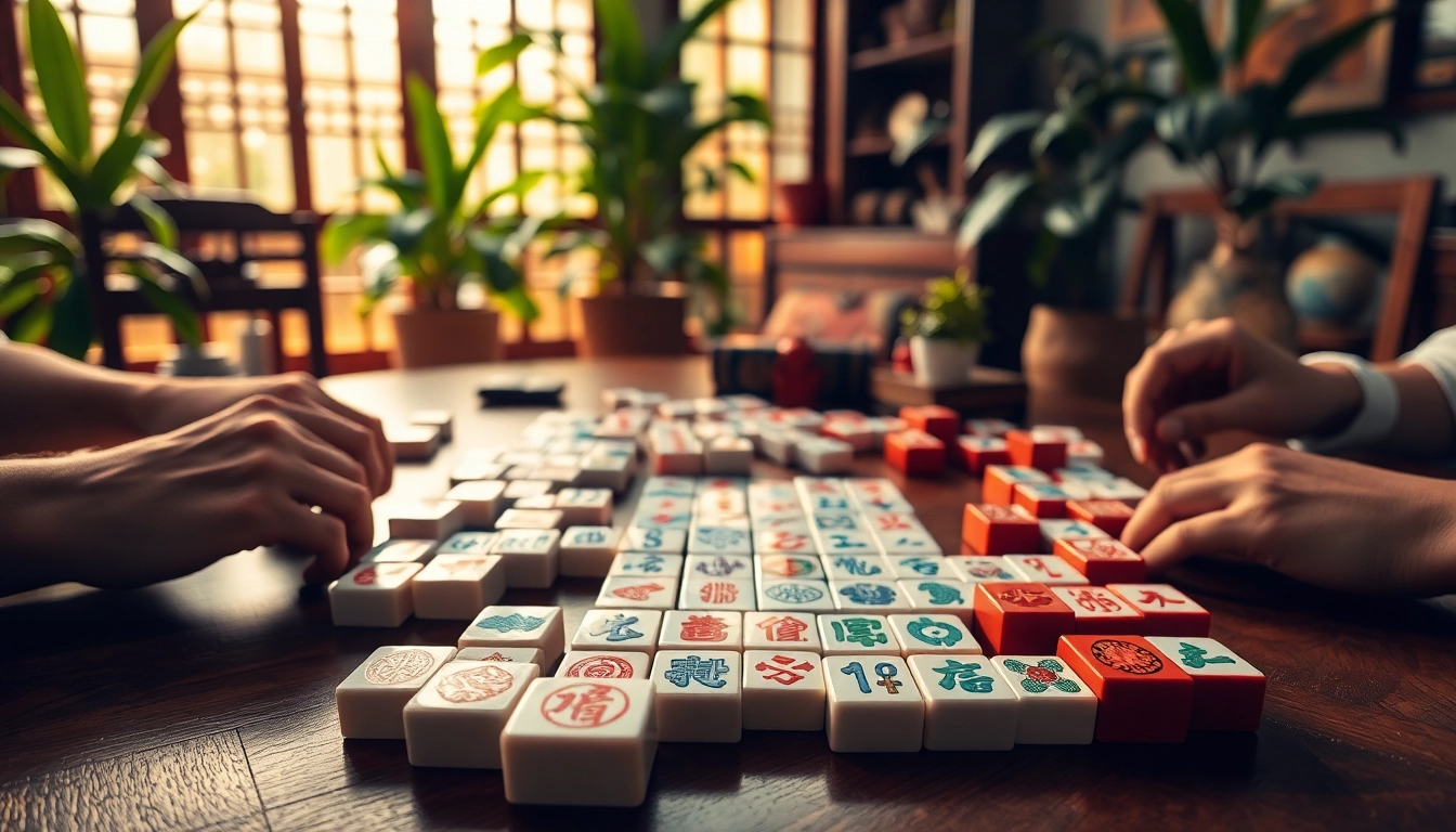 Menggambarkan demo mahjong dengan berbagai ubin di meja kayu yang hangat.