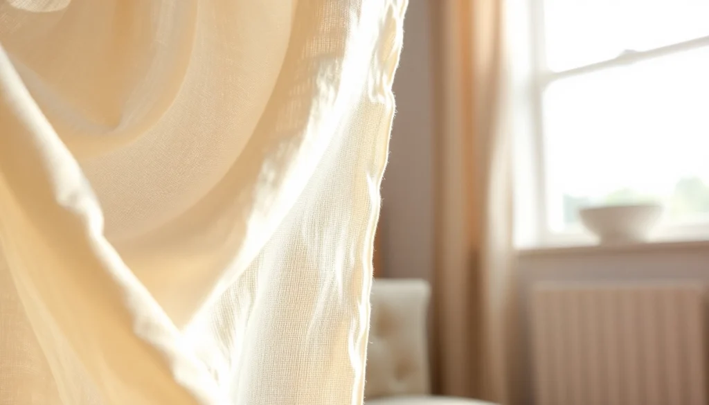 Linnen stof in zachte kleuren met gedetailleerde textuur, drijft zachtjes in de lucht.