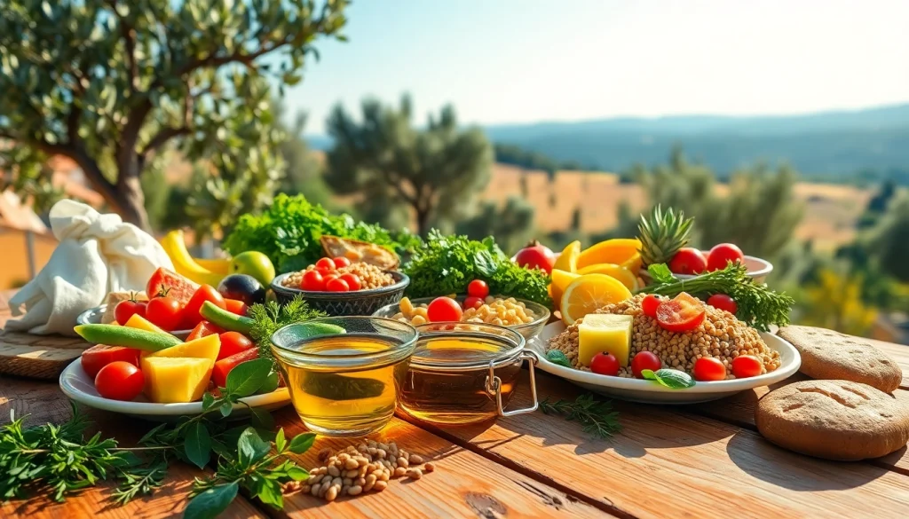 Delicious Mediterranean diet spread featuring fruits, vegetables, and whole grains.