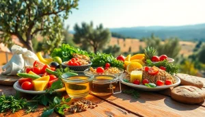 Delicious Mediterranean diet spread featuring fruits, vegetables, and whole grains.