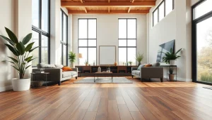 Carrelage imitation parquet dans une pièce moderne et élégante, éclairée par la lumière naturelle.