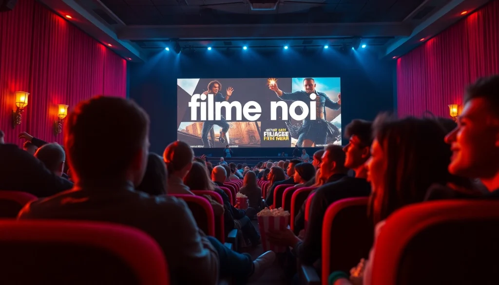 Excited audience enjoying filme noi trailers in a vibrant movie theater atmosphere.