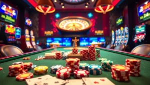 Exciting RR88 casino scene showcasing poker chips, cards, and a roulette wheel.