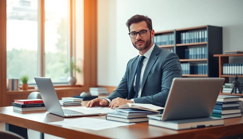 Meet an expert intellectual property lawyer engaging in professional work in an inviting office.