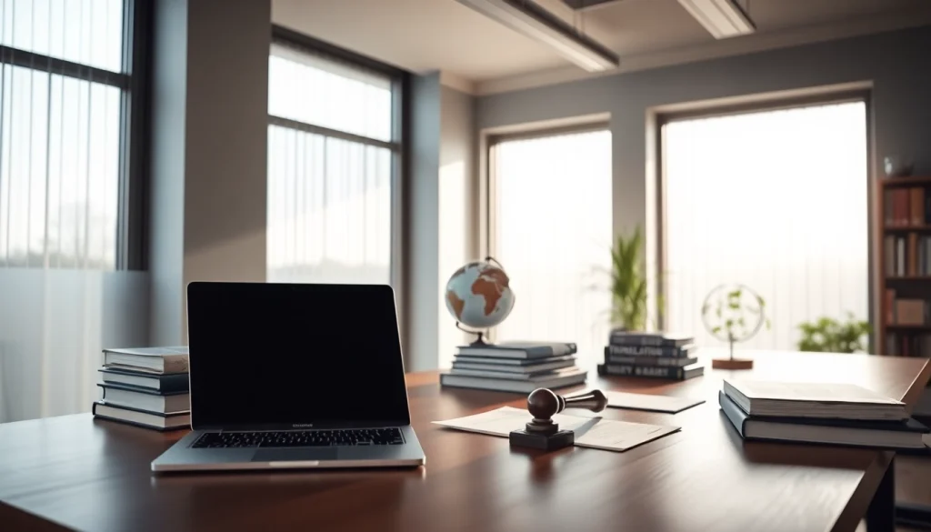 Tłumacz przysięgły workspace with legal documents and translation tools