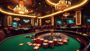 Engaging casino scene with players around a roulette table, incorporating the keyword "Nếu như vậy bám vào đây" in digital displays, showcasing luxury and excitement.