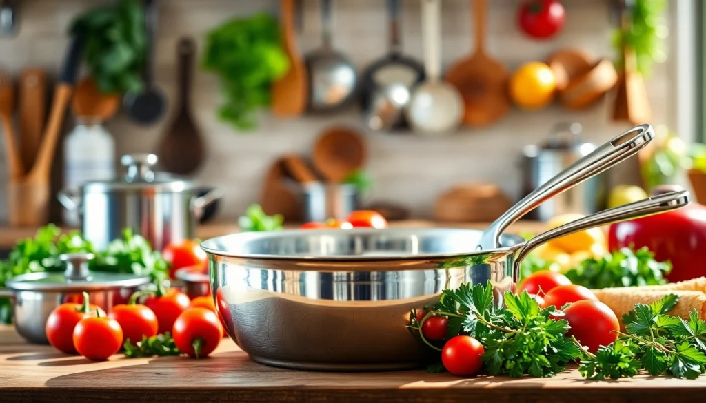 Showcase of quality cookware including stainless steel pan alongside fresh vegetables.