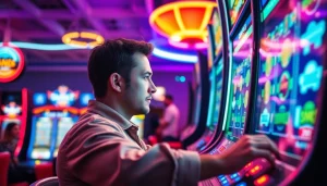 Bermain slot bet 50 perak dengan suasana kasino yang enerjik dan penuh warna.