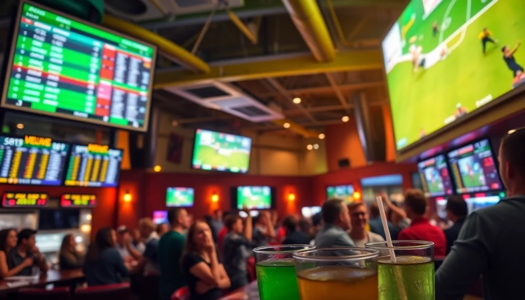 Engaging scene of sportsbooks in New Brunswick displaying live betting odds and excited fans.