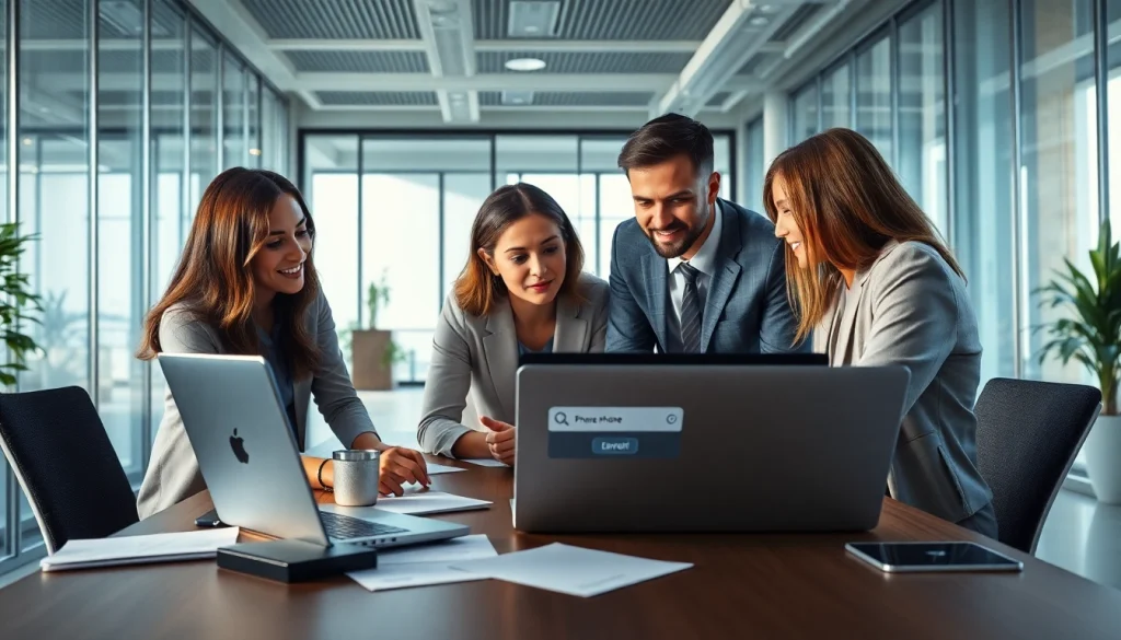 Professionals collaborating on phone number verification in a modern office environment.