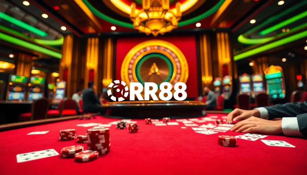 The excitement of gambling at nhà cái RR88 with players engaged in poker and roulette.