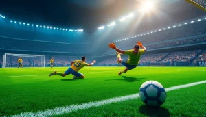 Captivating scene of goalkeepers in action during a football match with ผลบอลภาษาไทย updates.