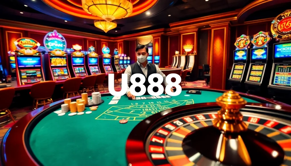 U888 casino scene showcasing an exciting live blackjack table with colorful chips and elegant lighting.