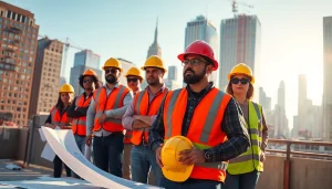New York City Commercial General Contractor working on a bustling construction site with a team.