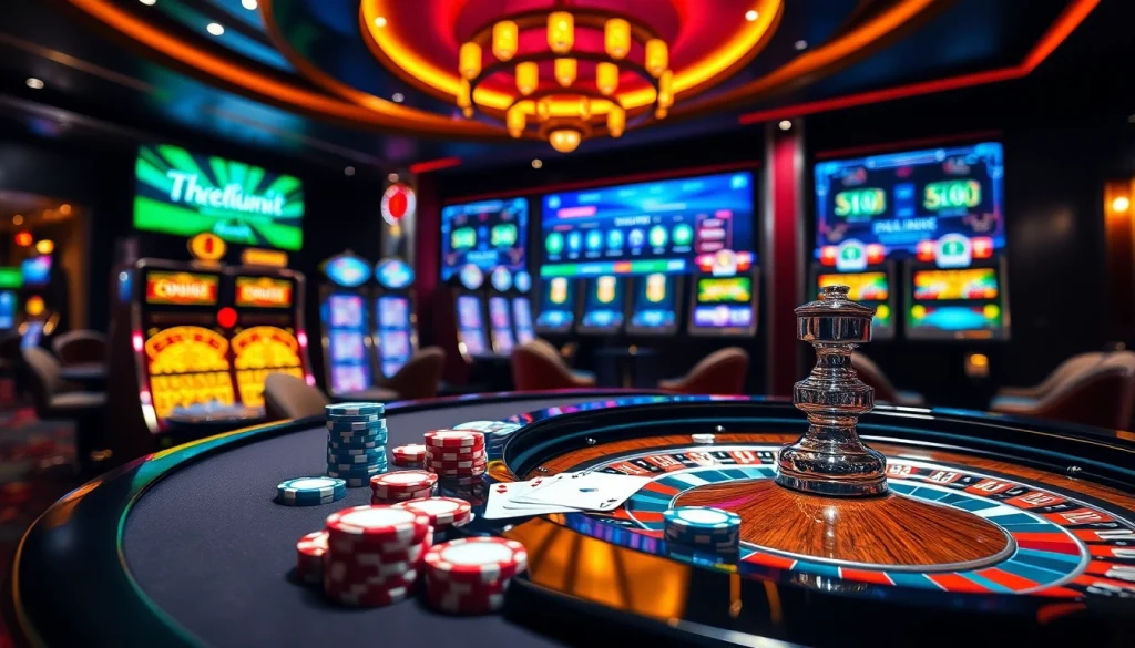 Engage in exhilarating gameplay at NOHU90's luxurious casino with vibrant tables and slot machines.