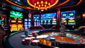 Engage in exhilarating gameplay at NOHU90's luxurious casino with vibrant tables and slot machines.