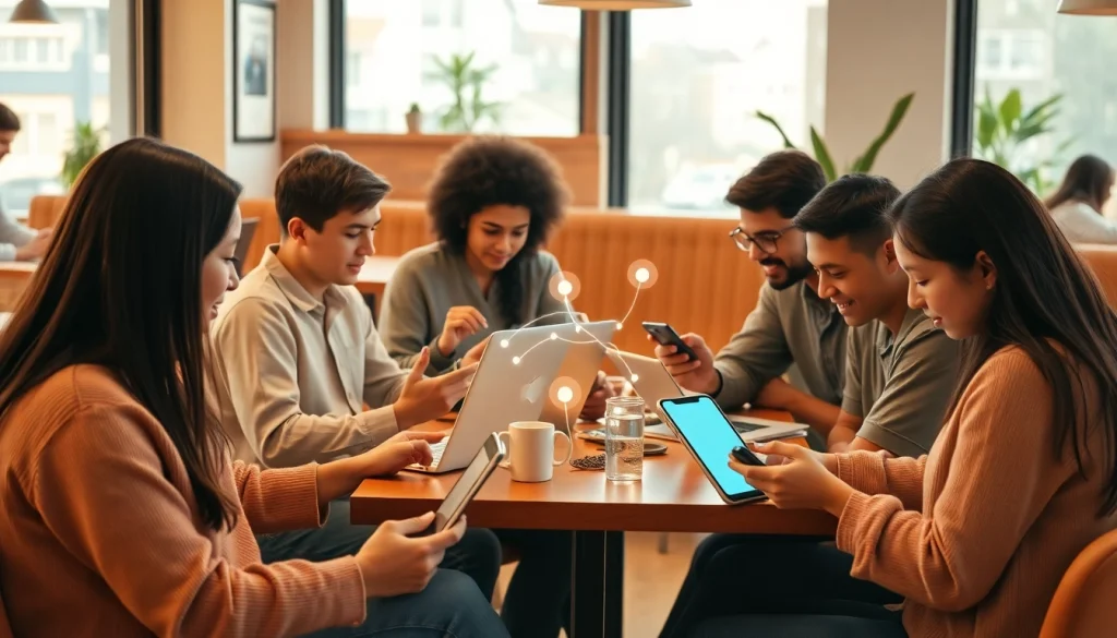 在舒适的咖啡店里，使用快连官网进行在线连接的互动场景。