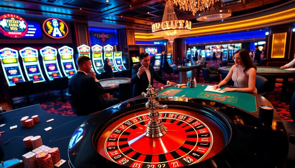 A lively casino scene at https:/cm88.bz/ showcasing roulette, poker, and joyous players in fine attire.