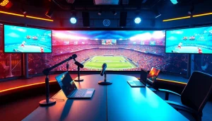 Live sports broadcasting studio showcasing vibrant screens and dynamic atmosphere.