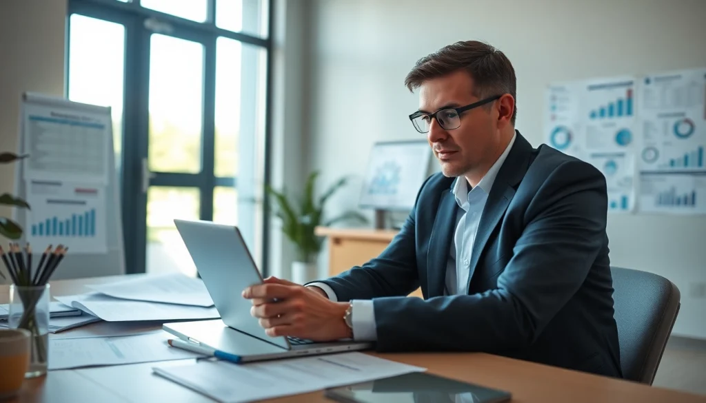 Consultant focused on registration and certification in Federal databases, showcasing professionalism and expertise in a modern office.