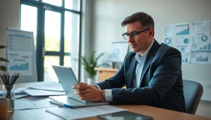 Consultant focused on registration and certification in Federal databases, showcasing professionalism and expertise in a modern office.