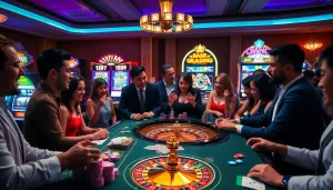Engaging players in a lively casino scene, focusing on bk8 login at poker and roulette tables.
