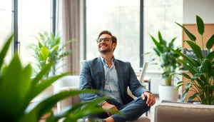 Entrepreneurs break in a calming workspace with greenery and natural light.