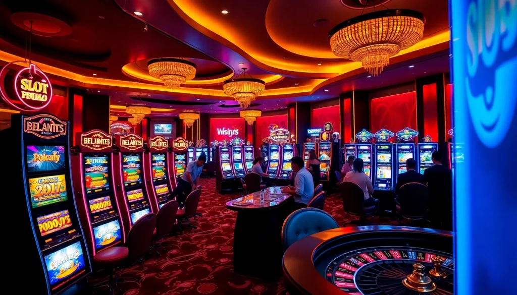 Pemain menang di mesin Slot Depo Pulsa dalam suasana kasino yang hidup, menangkap sensasi permainan.