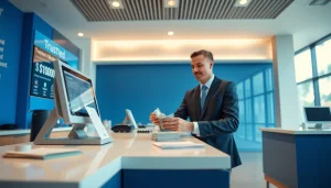 Menampilkan proses deposit 1k di bank yang modern dengan teller profesional.