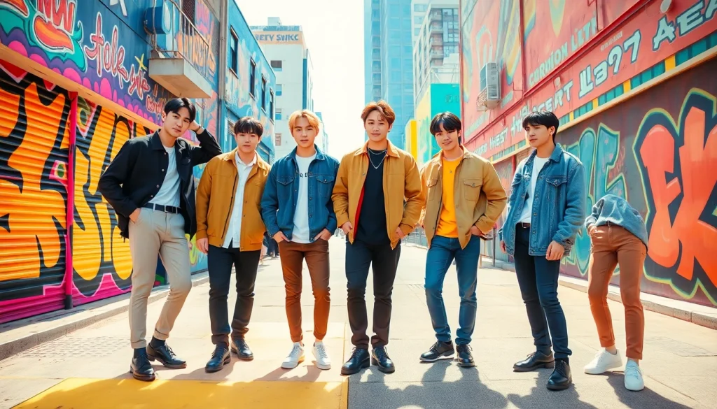 BTS members showcasing their unique styles and personalities in a vibrant urban setting.