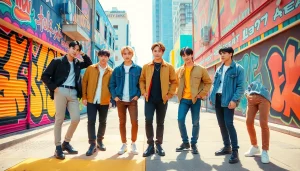 BTS members showcasing their unique styles and personalities in a vibrant urban setting.