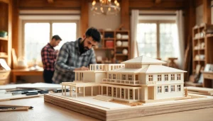 Architekturmodellbau Bonn: Handwerkliches Arbeiten an einem detailreichen Architekturmodell in einem eleganten Atelier.
