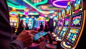 Menggambarkan pengalaman slot depo 1k dengan pemain bersemangat di kasino yang penuh warna.