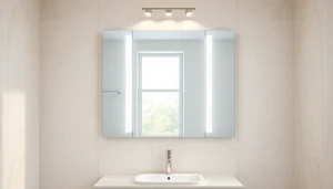 Stylish mirror with lights illuminating a modern bathroom setting with elegant decor.