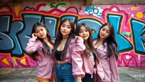 Showcase the blackpink members posing confidently against an urban backdrop infused with artistic graffiti.