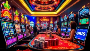 Menang di Slot Depo 1000 di kasino mewah dengan mesin berwarna-warni dan chip poker.