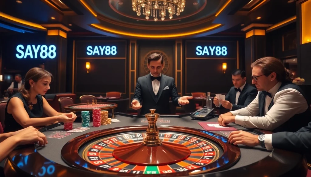 SAY88 casino scene showcasing players at a vibrant roulette table.