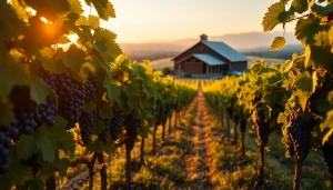 Enjoying wineries in Clarksburg with picturesque vineyards at sunset, highlighting lush grapes and rustic barns.