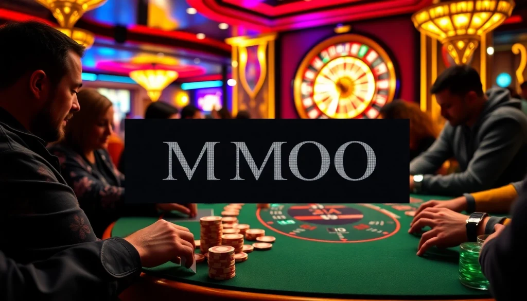 Players engaging in a high-stakes poker game at a casino table with MMOO chips and cards.