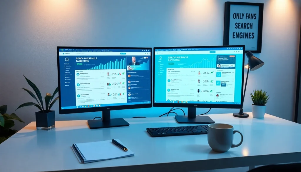 Comparison of onlyfans search engines in a modern workspace with dual monitors and analytics.