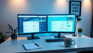 Comparison of onlyfans search engines in a modern workspace with dual monitors and analytics.