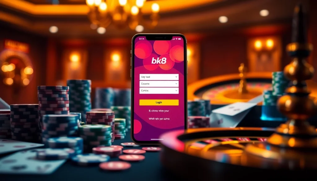 Experience smooth access to BK8 login from vibrant casino ambiance with cards and chips.