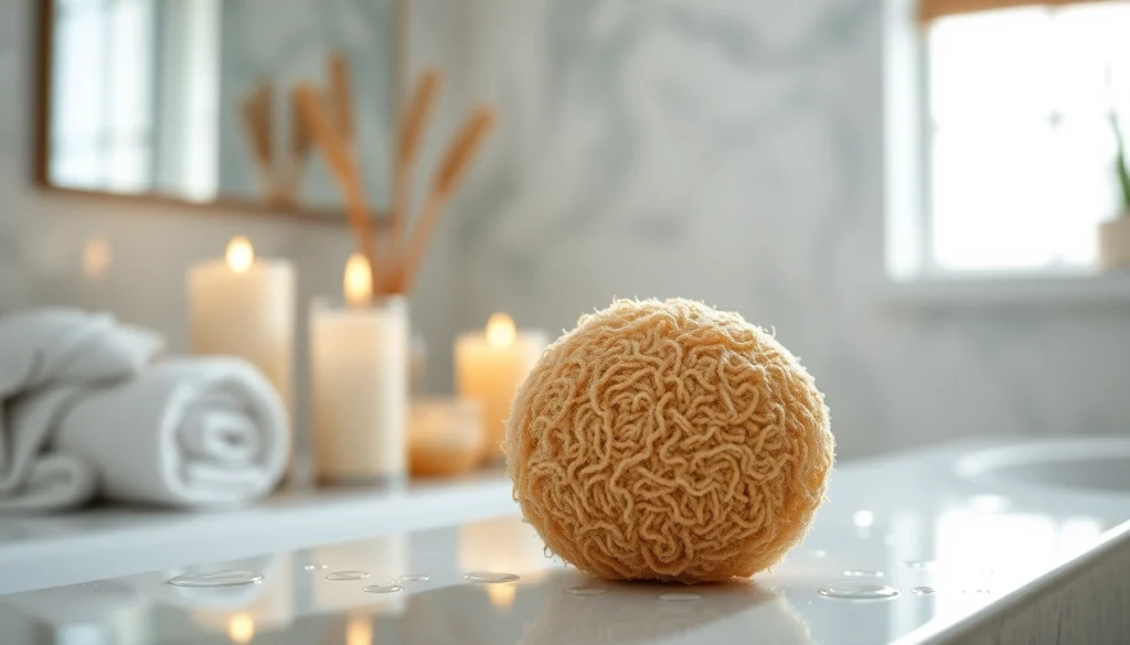 Best back loofah with natural textures showcased in a serene spa-like bathroom setting.