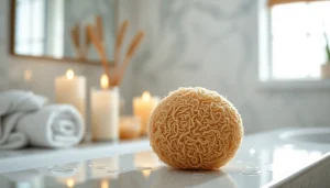 Best back loofah with natural textures showcased in a serene spa-like bathroom setting.