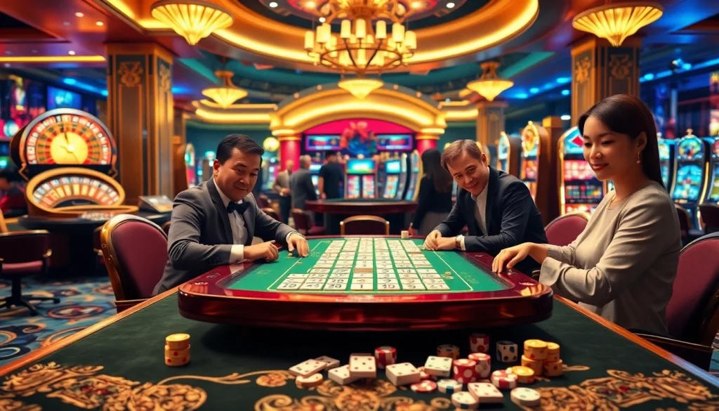 Memperlihatkan pemain yang terlibat dalam permainan Link Mahjong di meja kasino mewah dengan dekorasi yang berwarna-warni.