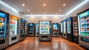 Innovative snack machine manufacturers showcasing advanced vending solutions in a professional showroom.